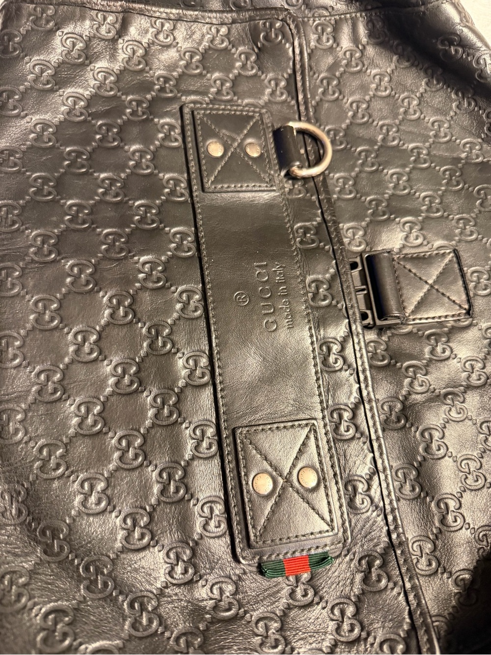 Gucci Black Embossed GG Leather Duffel with Green-Red Web Detail